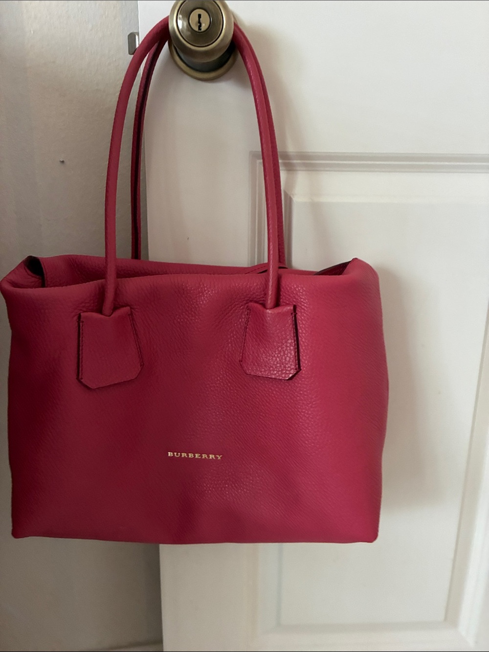 Burberry Fuchsia Leather Tote with Gold Logo